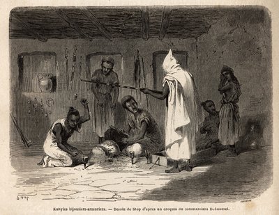 Kabyl-håndverkere kjent for sin dyktighet i å lage smykker og våpen (og tidligere i falsk valuta) i Djura-regionen (Algeria). Gravering for å illustrere ekskursjonen til den store Kabilie, mellom Middelhavet og Djurjura, i 1864, av av Unknown artist