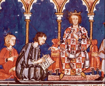 Kong Alfonso X den vise mannen hjelper til med å skrive. Detalj av en miniatyr fra Book of Games av Alfonso X the Wise (1221-1284) 1282. St. Lawrence av The Scorial. Det kongelige bibliotek av Unknown artist