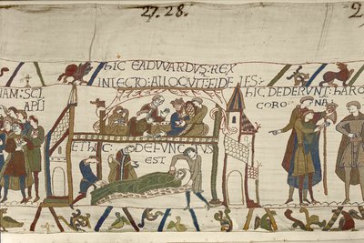Kong Edward Bekjenneren på sitt dødsleie, Bayeux-teppet (ullbroderi på lin) av Unknown artist