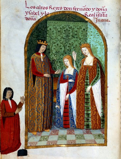 Kong Ferdinand II, konge av Aragon og Sicilia (1452 - 1516), Joan, dronning av Castilla (1479 - 1555) og Isabella I av Castilla (også kjent som katolikken), dronning av Spania (1451 - 1504). Miniatyr i "" Andakt om dronning Da Juana som de kalte galningen" av Unknown artist