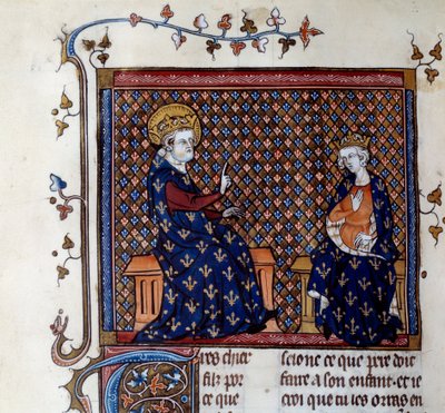 Kong Ludvig IX (1214-1270) lærer kongens mester til sønnen sin, fremtidige Philip III-miniatyr fra et manuskript fra 1300-tallet. Chantilly, Conde-museet av Unknown artist