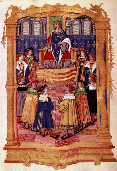 Kong Ludvig XI (1423-1483) og ridderne av St. Mikaels Orden Miniatyr fra manuskriptet "" Statutter of the Order of Saint Michael"" 1400-tallets Milano, Biblioteca Trivulziana av Unknown artist
