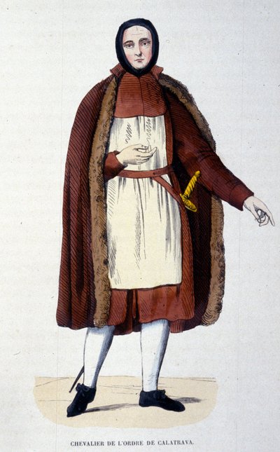 Ridder av Calatrava-ordenen. En gruppe religiøse og riddere forsvarte byen Calatrava i Spania mot kastilianerne i 1145 og 1158. Ordenen ble knyttet til Spanias krone i 1523 med kongen som stormester. Gravering fra 1800-tallet av Unknown artist
