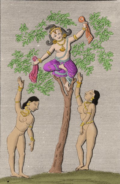 Krishna flyr med to gopis. gravering i ""Ancient and Modern Monuments of Hindustan"" av L.M. Langles, Paris 1821. av Unknown artist