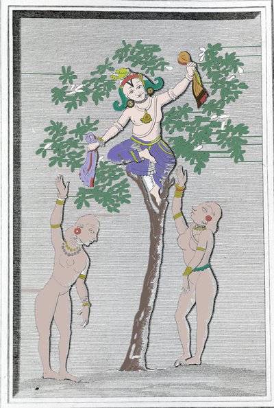 Krishnah stjeler kjolene til to gopi. L. M. Langlès: "" Gamle og moderne monumenter i Hindustan" Paris av Unknown artist
