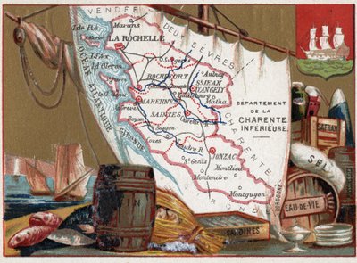 Charente-Inférieure, Poitou-Charentes, Frankrike. Vin, konjakk, sardiner, salt, safran, tørket fisk, ca. 1920 av Unknown Artist