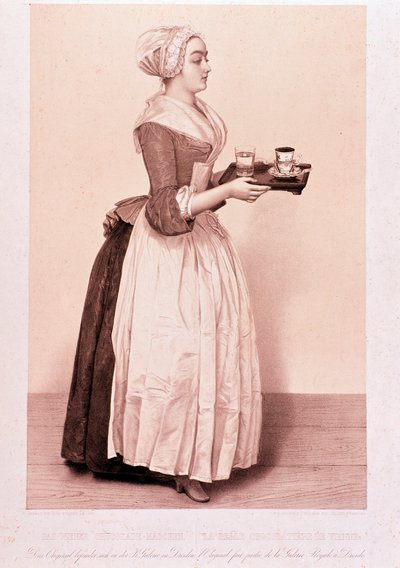 La Chocolatiere de Vienne: ung hushjelp som holder et brett med en kopp varm sjokolade. Litografi av privatsamlingen fra 1800-tallet av Unknown artist