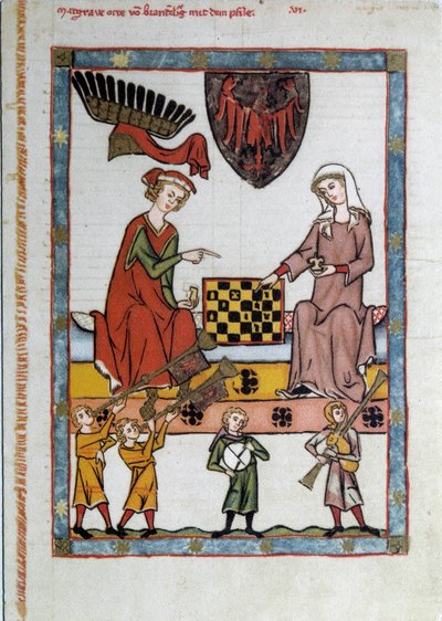 La partie d'chess, To unge mennesker som spiller sjakk, nedenfor trubadurer som spiller musikk - Miniatyr tegnet fra et manuskript fra 1400-tallet - Paris, BN - Sjakkspill (Et par som spiller sjakk, omgitt av musikere) - Miniatyrmaleri på brønn av Unknown artist
