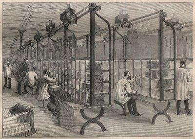 Brevpost: sortering av konvolutter på Hotel des Posts i Paris - Gravering i "La Science francaise"" av Unknown artist