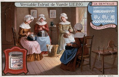 Blondeverksted, Valenciennes, Liebig-reklame v. 1895 av Unknown artist