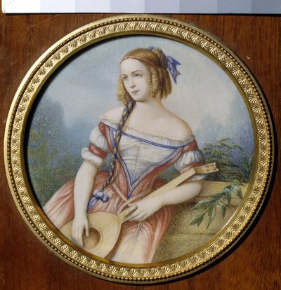 Den russiske skuespillerinnen Varvara Asenkova (1817-1841), i rollen som Esmeralda fra ""Notre Dame de Paris"" av Victor Hugo (1802-1885). (Russisk skuespillerinne Varvara Asenkova som Esmeralda). Anonymt verk, akvarell på papir av Unknown artist