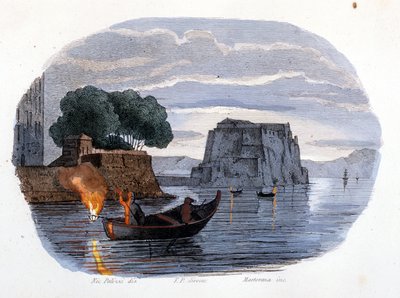 Lamparo-fiske, en lampe som brukes til å tiltrekke fisk, i Napolibukta. av Unknown artist