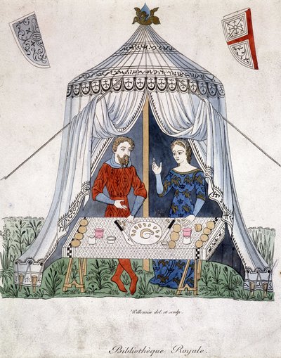 Lancelot og Guineèvre spiser under et telt, hentet fra "Lancelot du lac", etter dokument fra 1370. av Unknown artist