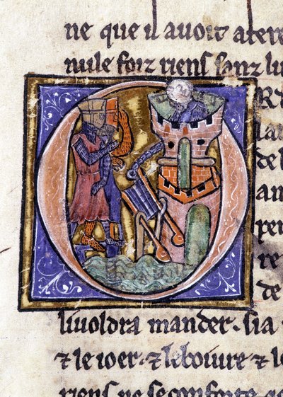 Lancelot på toppen av et tårn. Manuskript: Conquest of the Saint Gréal, skrevet 717 år etter lidenskapen til vår herre. Bibliotheque Municipale de Rennes, ms. 255 (Samling av romaner om det runde bord); Paris av Unknown artist