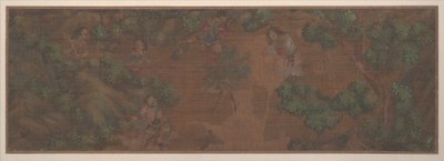 Landskapsmaleri av figur i skogsmiljø (albumblad; farge på silke) av Unknown Artist