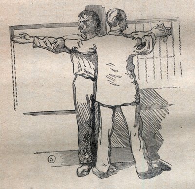 Rettsantropometri eller bertillonnage, metode av Alphonse Bertillon (1853-1914): måling av stor, stor kaliber av våpen - gravering i "La Science francaise" av Unknown artist