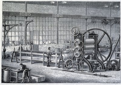 Stort valseverk for å redusere blokker av renset gummi til ark - i "" The wonders of the industry"" av Louis Figuier av Unknown artist