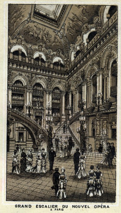 Large staircase of the new Opera (Opera Garnier) in Paris. av Unknown artist