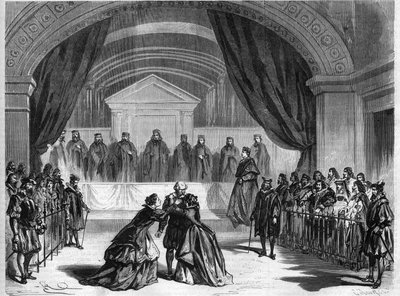 Siste etappe av teaterstykket "" Galilee", et treakters drama av Francois Ponsard, en fransk poet og dramatiker (1814-1867) spiller på det franske komedieteateret i Paris. Gravering i "" L