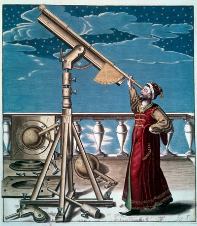 Astronomen: en mann ser på stjernene i den astronomiske rammen - Engraving du 17eme century - Paris, B.N. - Astronom: En mann ser på stjernene i teleskopet - Gravering av Unknown artist