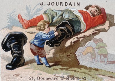 Le Petite Poucet fjerner sine syv-ligastøvler med asoupi-trollet - Annonsemerket Jourdain av Unknown artist