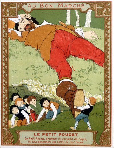 Le Petite Poucet tar av seg syv-ligastøvlene til assoupi-trollet - Bon Marché-reklamemerket, slutten av 1800-tallet av Unknown artist