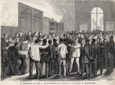 Le Plebiscite de 1870, opptelling av stemmene i rådhuset i Montmartre. av Unknown artist