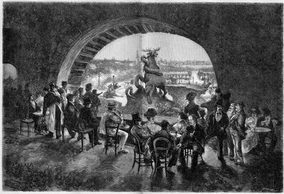 Undersiden av fossen i Trocadero-hagen under det varme været i Paris hvor parisiske turgåere kommer for å sitte i det kjølige. Gravering i ""The Illustrious World"" av Unknown artist