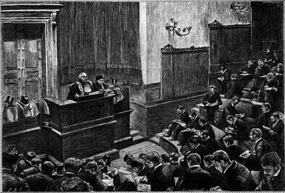 Det store amfiteateret ved Paris Law School, gravering i «Le journal de» La jeunesse» av Unknown artist