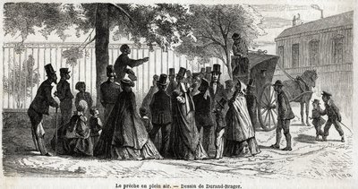 Le preche en plein air, i London, tegning av Durand Brager, for å illustrere En ekskursjon til de fattige nabolagene i London, i 1862, av L.Simonin. Gravering i "" Le tour du monde"", redigert av Edouard Charton av Unknown artist
