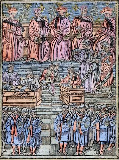 Le prevot des marchands et les echevins de Paris au 16eme-tallet gravering etter originalen fra 1528 - Provost for kjøpmenn og rådmenn i Paris, scene for skatteinnkreving, tittelside fra 