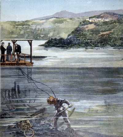 Dykkeren Paolo Pardi jobbet på romerske båter i Nemi-sjøen med Siebe-dykkeren i 1893. av Unknown artist