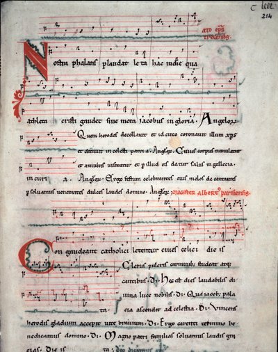 Brosjyre av en pilegrimsguide med tekster fra pilegrimsreisen til Santiago de Compostela (Santiago de Compostella) Fol. 214 r. Fra et manuskript fra 1200-tallet. Arkiv for katedralen i Santiago de Compostela (Santiago de Compostela), Spania av Unknown artist