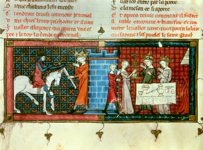 Til venstre: Perceval mottar et sverd fra kong Pescheor. Til høyre: Prosesjon av den hellige gral. Miniatyr fra "" Tale du Grail"" av Unknown artist