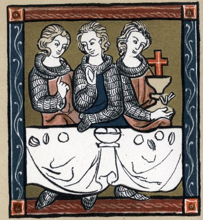 Legend Arthurian: Galahad (Gaalad or Galaad), Perceval and Bohort (Bors or Borrt) with the Holy Grail. In “” Geschichte der Franzosischen Literatur”” by Hermann Suchier av Unknown artist