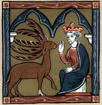 Legend Arthurian: Merlin metamorphosis in five-wood deer visits Jules Cesar. In “” Geschichte der Franzosischen Literatur”” by Hermann Suchier av Unknown artist
