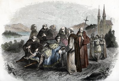 Legende des enerves de Jumieges: de to sønnene til merovingerkongen Clovis II, straffet for å ha gjort opprør mot faren deres, blir samlet av munkene i klosteret Jumieges, nær Rouen, ca. 660 (Sønnene til kong Clovis II, etter å ha blitt straffet f. av Unknown artist