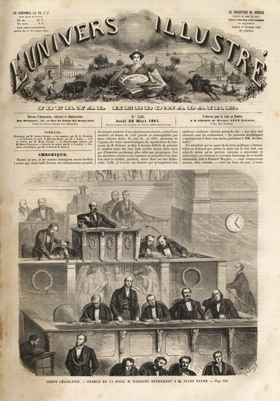 Lovgivende organ - sesjon 14. mars 1861 - Pierre Jules Baroche (1802-1870) svar på Jules Favre (1809-1880) - Det illustrerende universet fra 1861 av Unknown artist
