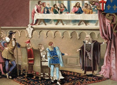 Leonard de Vinci (1452 - 1519) (Leonardo da Vinci) som viser freskomaleriet hans "" The Holy Cene"" til Ludovic Sforza dit The More, hertugen av Milano (Ludovico Sforza ved refektoriet til Santa Maria delle Gracie i Milano. av Unknown artist