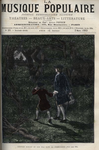 Leopold Mozart and his son Wolfgang Amadeus in the black forest - Leopold Mozart and his son Wolfgang Amadeus in the black forest in Germany - engraving in “” Popular music””” illustrious weekly newspaper - 1882 av Unknown artist