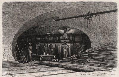 Kloakkene i Paris: bøyning av røret nær Saint Michel-broen (Saint-Michel), place du Chatelet - Gravering i "" Le Monde Illustré"" av Unknown artist