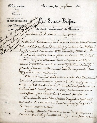 Brev fra underprefekten til Creuse (arrondissementet Boussac) til borgermesteren i Gouzon, 9. september 1822 av Unknown artist