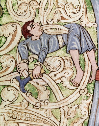 Lettrine C dekoree av representasjonen av en tremann. Miniatyr fra en Bibel (Gamle Testamentet) (Ms 3088) Coimbra fra 1100-tallet, Universitetsbiblioteket av Unknown artist
