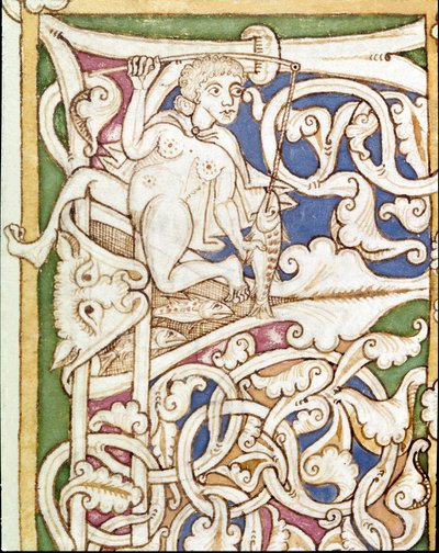 Lettrine P decoree av representasjonen av en kvinne som fisker en fisk. Miniatyr fra en bibel (Gamle Testamentet) (Ms 3088) Coimbra fra 1100-tallet, Universitetsbiblioteket av Unknown artist