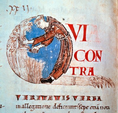 Lettrine "" Q"" som representerer en munk som klipper blesene. Miniatyr hentet fra "Moralia in Job"" av Gregoire I said the Great or Dialogue (532-604) av Unknown artist