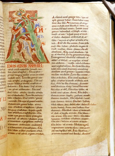 Lettrine: bokstaven "A" som representerer skapelsen av Adam (bible of and. harding). Miniatyr av manuskriptet "" Treats sur la Trinite de Saint Augustine "" fra klosteret Citeaux av Unknown artist
