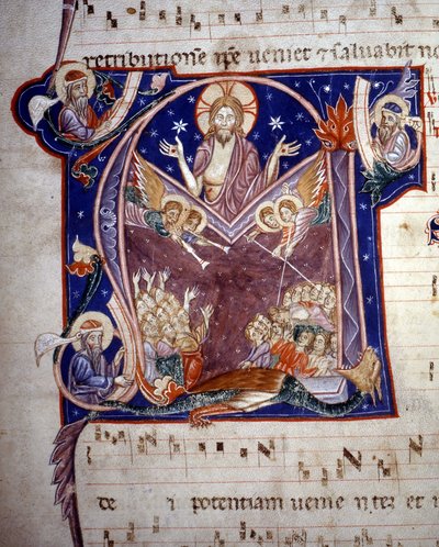 Lettrine "m" som representerer den siste dommen. Miniatyr av Unknown artist