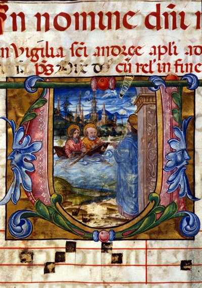 Lettrine av et 1400-talls kor. Kristi opptreden etter hans oppstandelse til vantro unnskyldninger ved Tiberiassjøen. Biblioteca nazionale Braidense, Milano. av Unknown artist