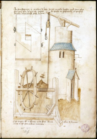 Spaksystem med trinse for byggeplass - Manuskript: pergamentark av en ingeniørhåndbok for bygging av sivile, religiøse og militære bygninger, anonym, sent på 1400-tallet (figur med kinesisk blekk) av Unknown artist
