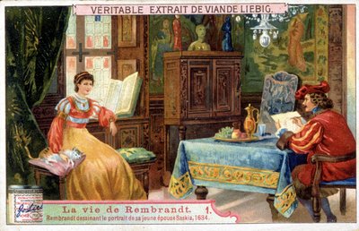 Liebig-kromolitografi om livet til Rembrandt (1606 - 1669), nederlandsk maler. Her tegner portrettet av sin unge kone Saskia i 1654. av Unknown artist
